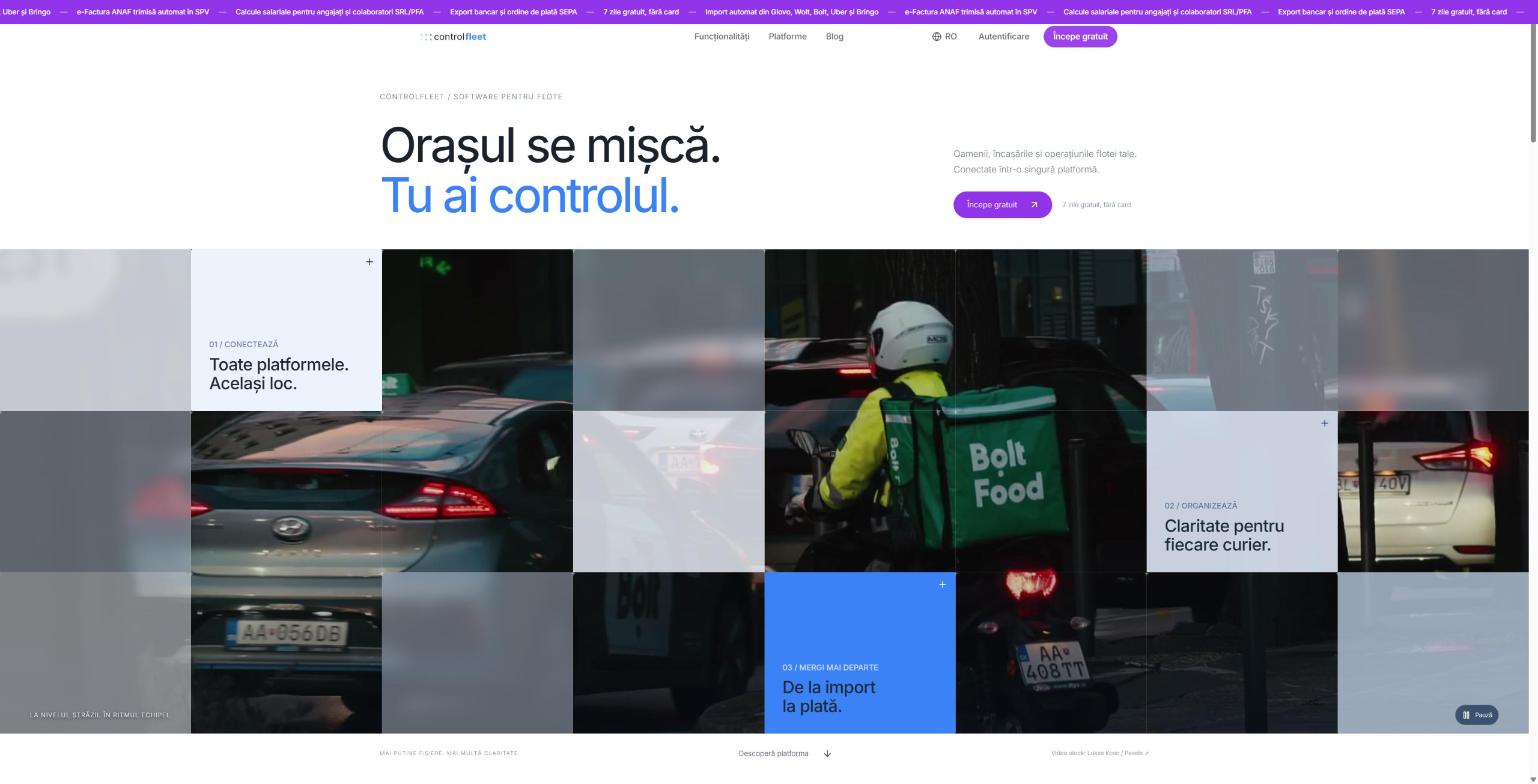 Pagina principală controlfleet.ro: „Orașul se mișcă. Tu ai controlul.”