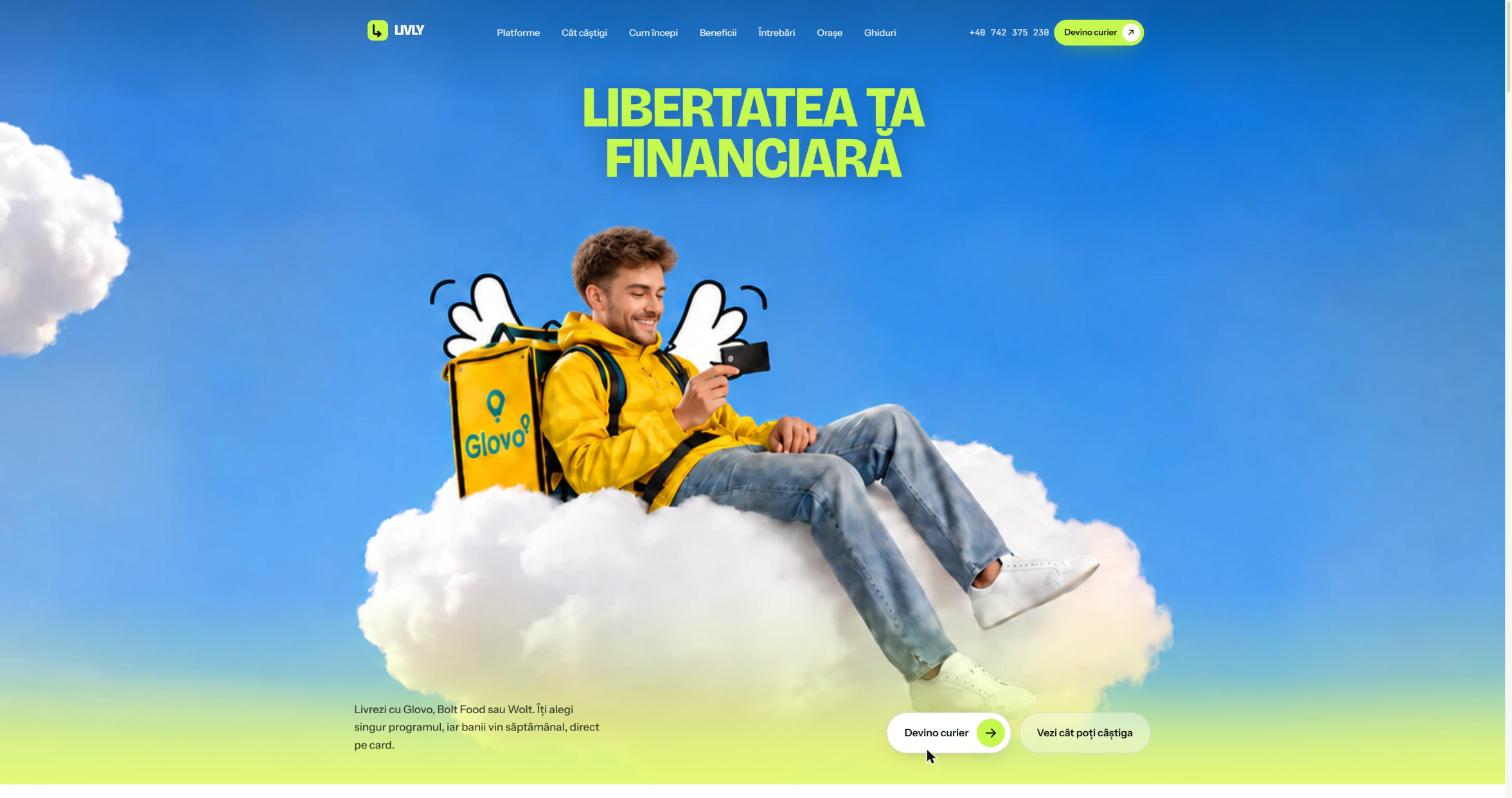 Pagina principală livlyfleet.ro: „Libertatea ta financiară”, curier pe un nor